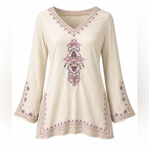 Vtg Pyramid Collection Floral M Embroidered Tunic Top Mexican Peasant Boho Y2K